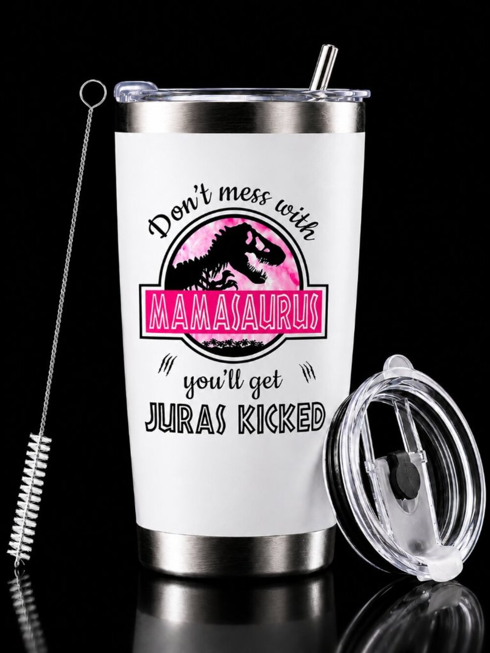 Stainless Steel Insulated Tumbler 20oz Mamasaurus Pink Mom Cup w/ Lid & Straw